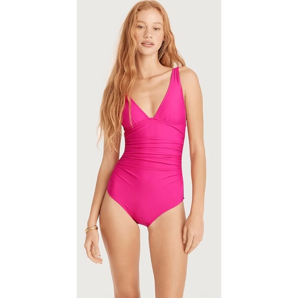 J. Crew Radiant Fuchsia Pink Retro Ruched V-Neck One Piece Statement Swimsuit